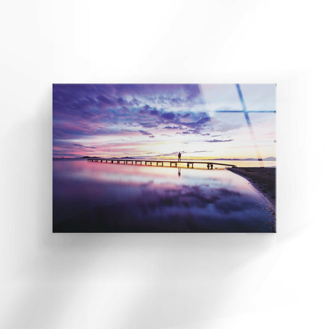 Nature art prints capturing a breathtaking ocean reflection with a serene wooden pier.
