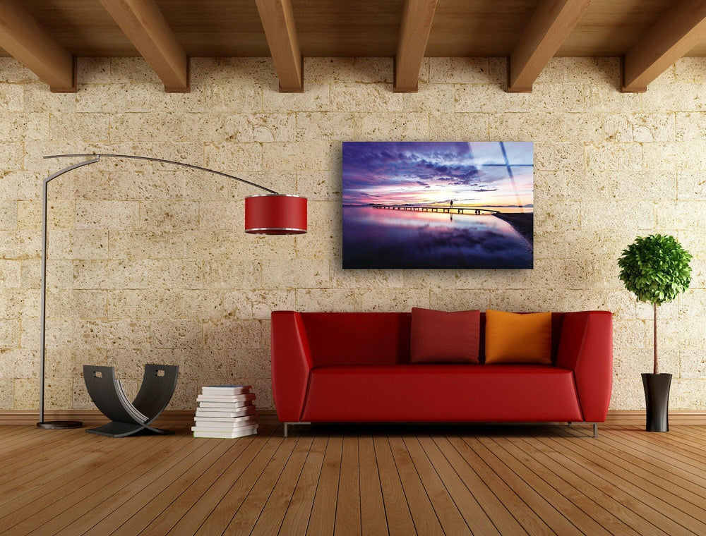 Tranquil landscape wall art showcasing a peaceful pier bathed in golden sunset hues.
