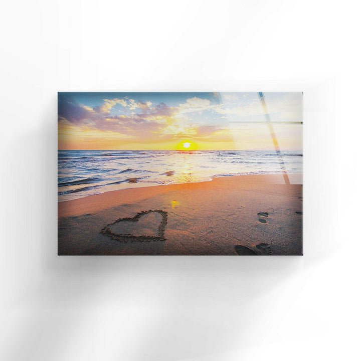 Serene Beach Sunset with Heart Drawing – A Captivating Glass Wall Art
