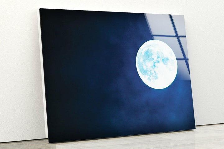 Elegant full moon art print on tempered glass, perfect for astronomy and space lovers.
