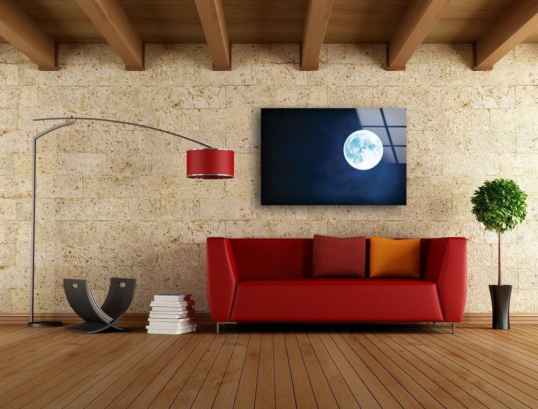 Stunning moonlit night glass wall art capturing the beauty of the full moon in a dark atmosphere.
