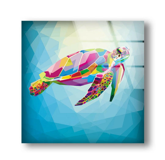 A vibrant, low-poly sea turtle with a dazzling mosaic of colorful polygons swims across this unique glass printing.