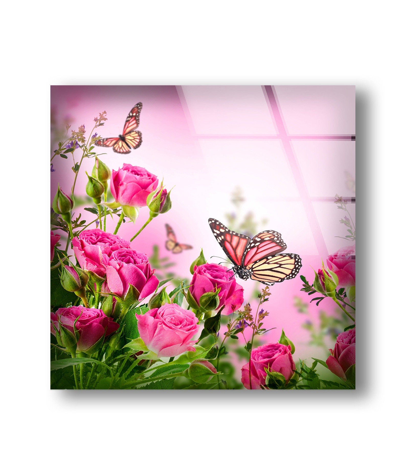 Butterfly and Pink Flowers Tempered Glass Wall Art