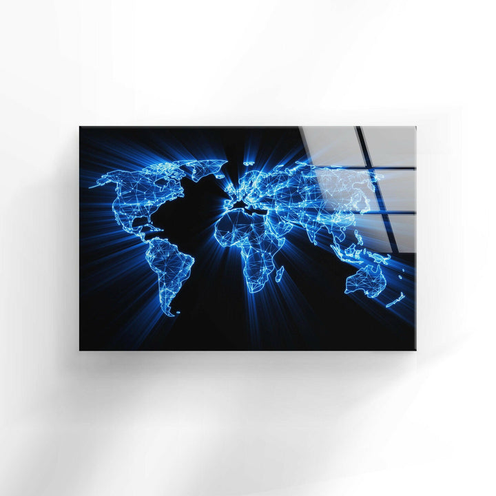 Blue Neon World Map Glass Wall Art