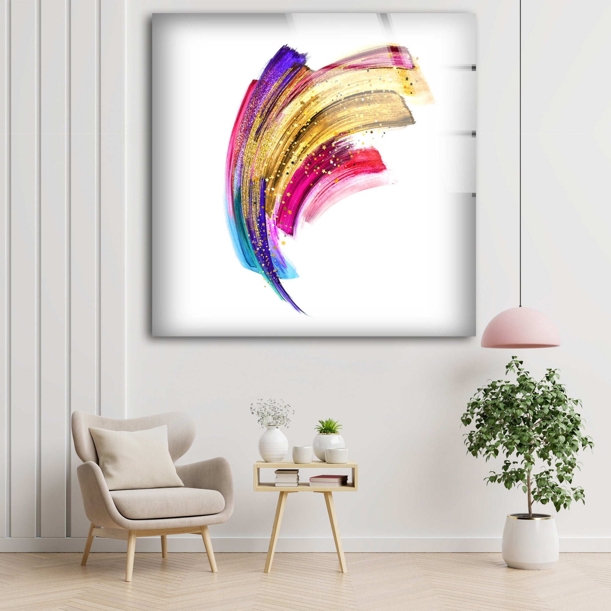 Colorful Golden Abstract Painting Tempered Glass Wall Art
