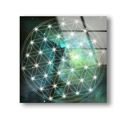 A celestial flower of life sacred geometry pattern emerges from deep cosmic layers in this striking glass wall art decor.