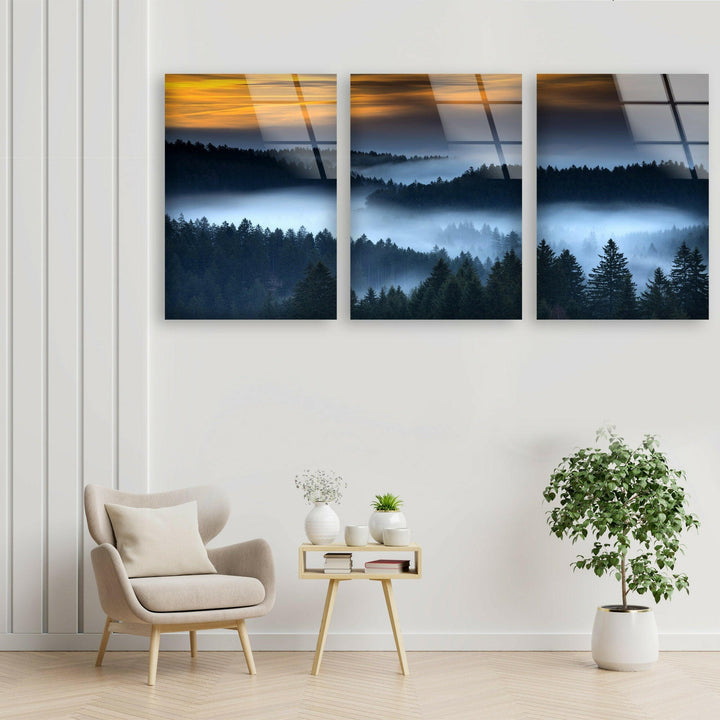 Foggy Forest At Sunset Glass Wall Art, print picture on glass, Tempered Glass Wall Art