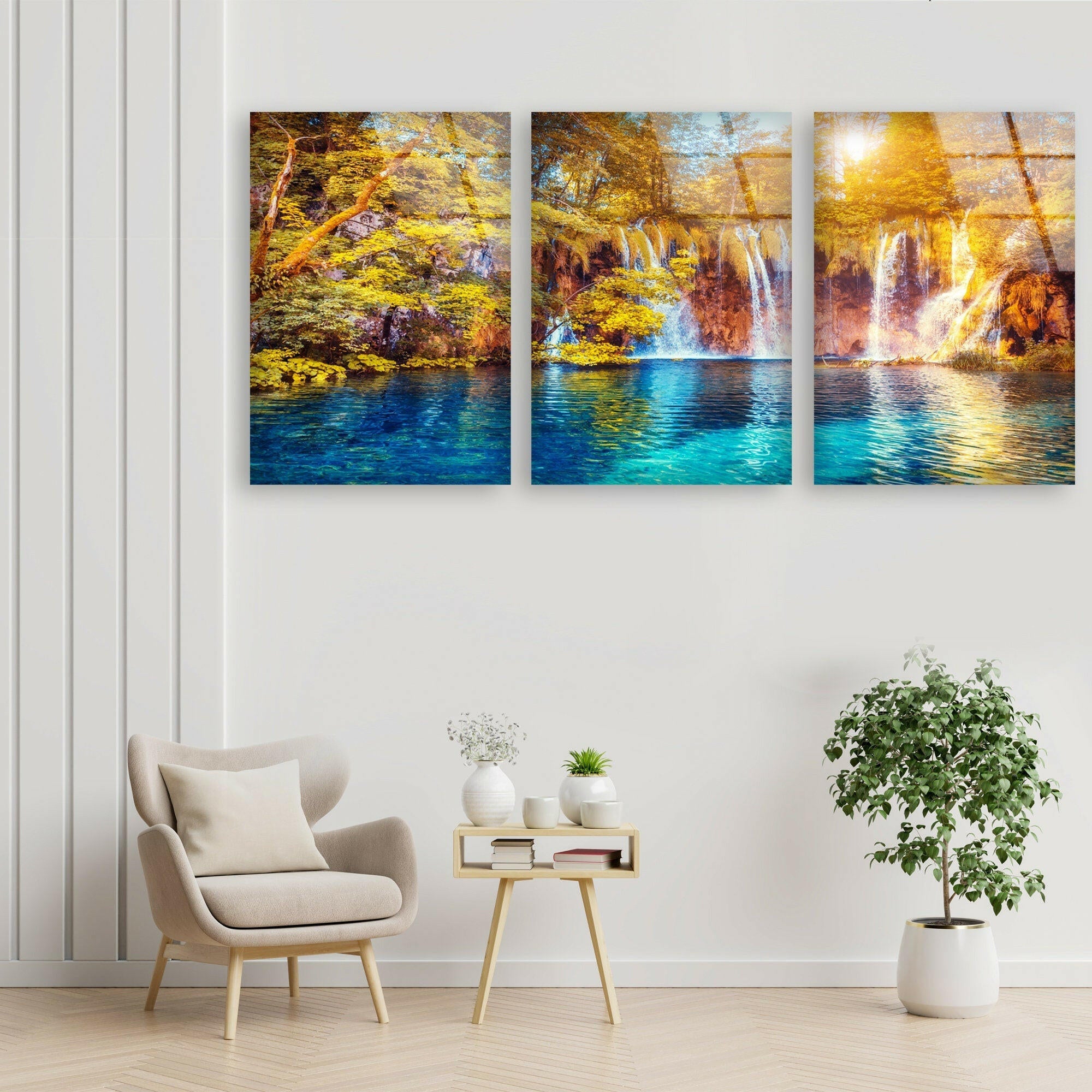 Set of Waterfall View Tempered Glass Wall Art