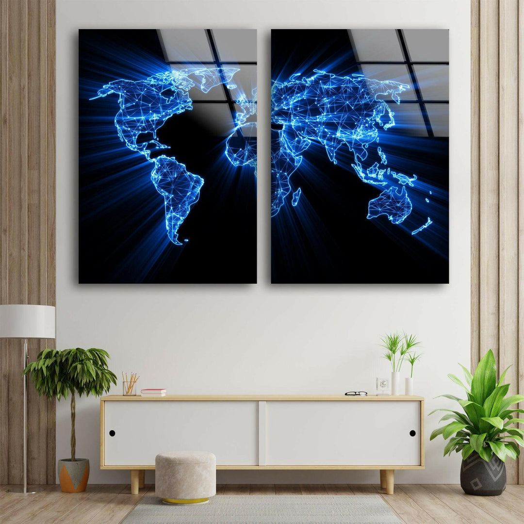 Glowing Blue World Map 2-Piece Glass ...