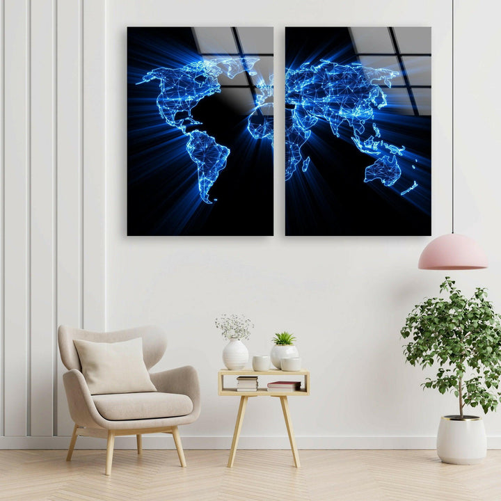 Glowing Blue World Map Glass Wall Art, picture on glass wall art, photos printed on glass