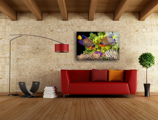 Two vibrant polyp butterflyfish swim amongst coral, showcased as art from glass.