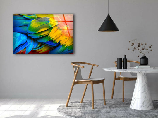 Reflected light and shadows dance across the vibrant blue, green, and yellow feathers of this glass wall art print.