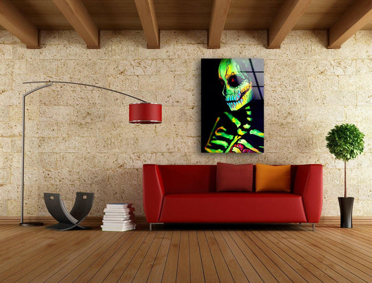 A stone-textured background with exposed wooden beams complements the vibrant neon skeleton tempered glass wall art.