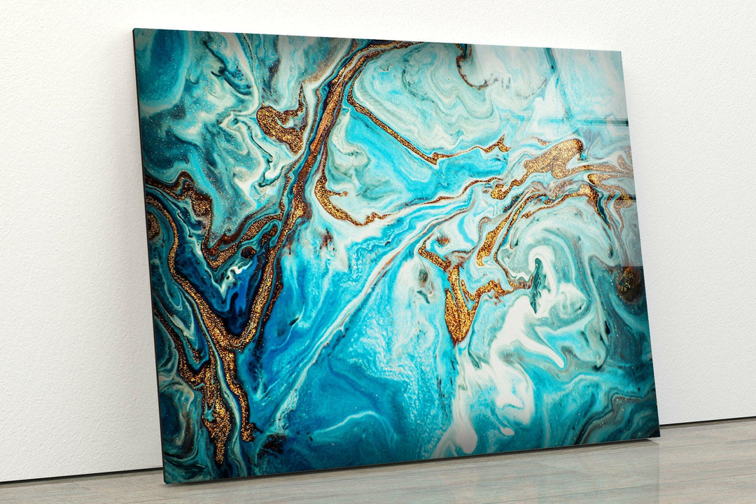 Gold and Turquoise Marble tempered glass wall art