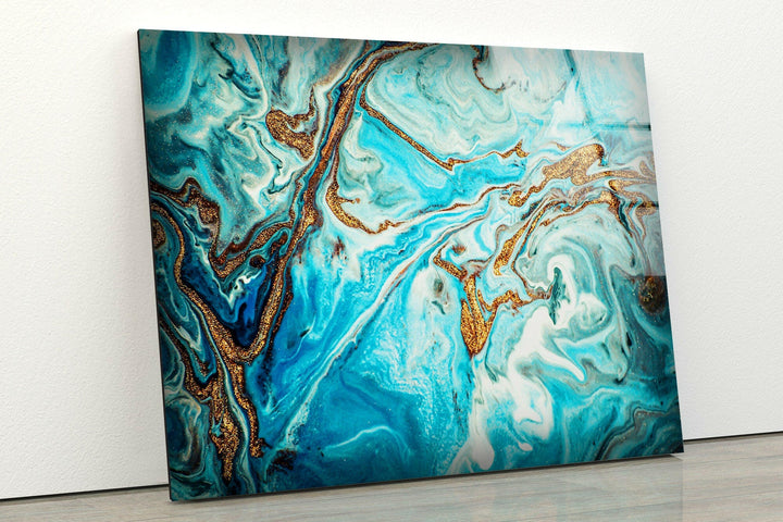 Gold and Turquoise Marble tempered glass wall art