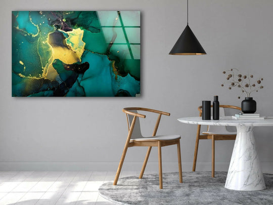 Textured dark green marble alcohol ink glass wall art decor features rich, swirling depths with gold accents on a smooth, glossy surface.