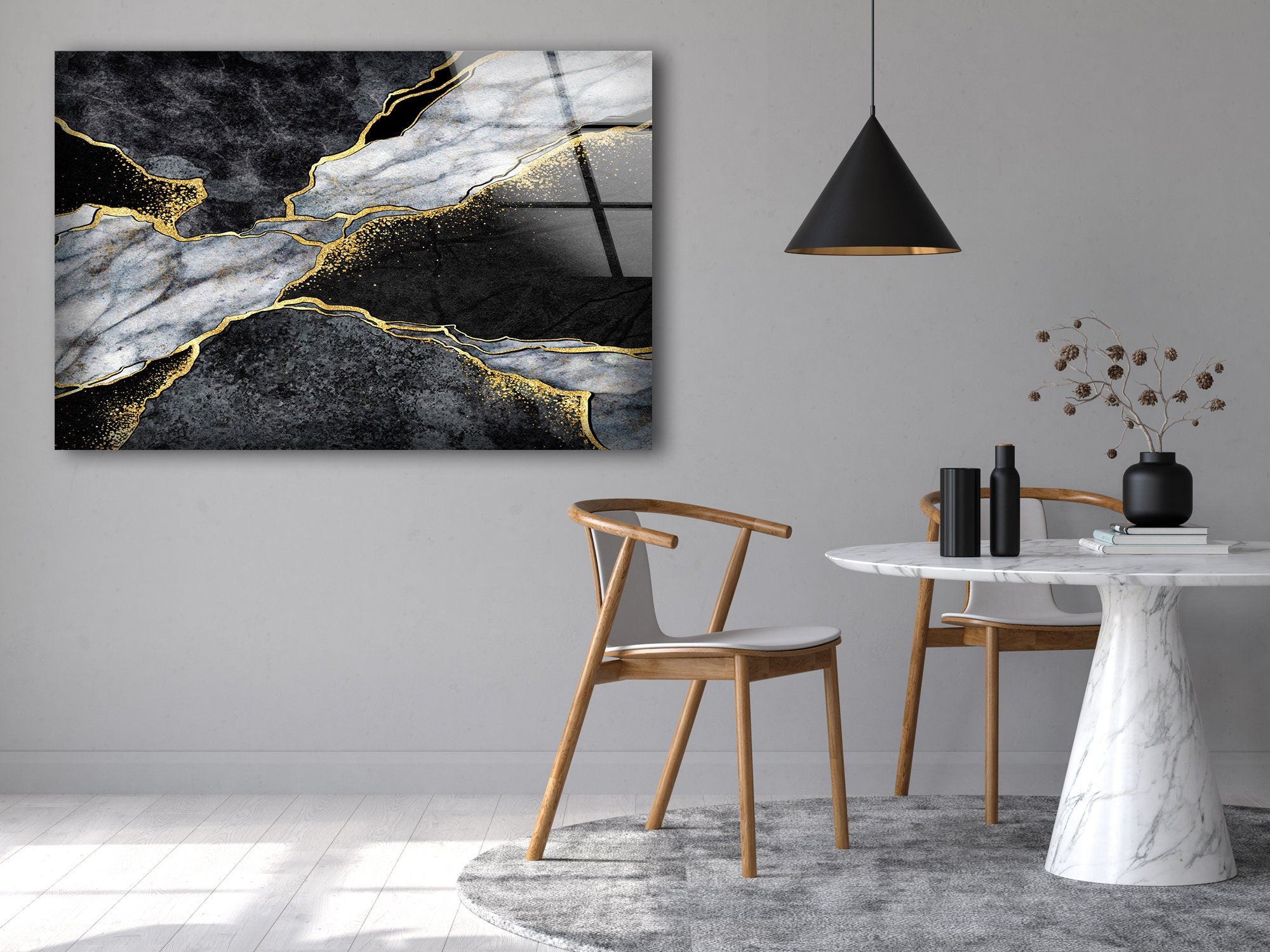 Black Gold Marble Wall Decor Tempered Glass Wall Art