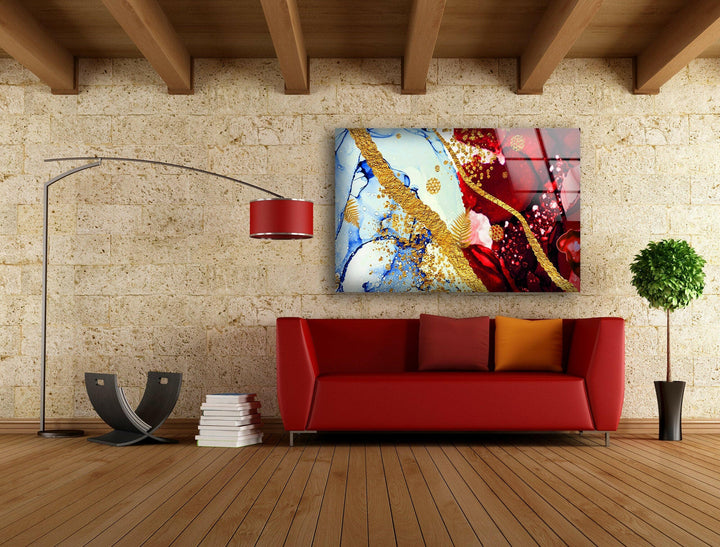Wandkunst aus Glas mit Alkoholtinte in Rot und Gold