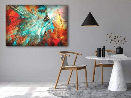 Vibrant abstract glass printing art glows with warm oranges and cool turquoise hues, creating a dynamic color temperature.