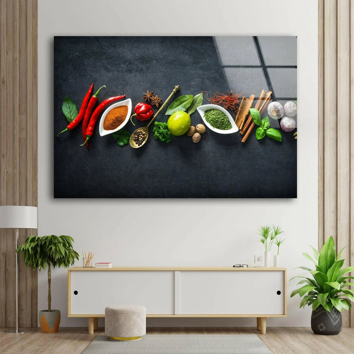 Highlighting the layering effect, spices kitchen print wall art presents a vibrant collection of seasonings arranged in a visually appealing cascade against a dark backdrop.
