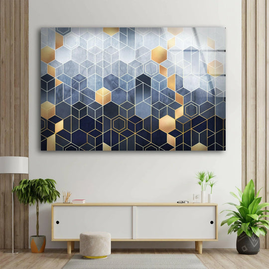 The moody abstract geometric design of this gold hexagon glass wall art decor evokes a sense of sophisticated calm.