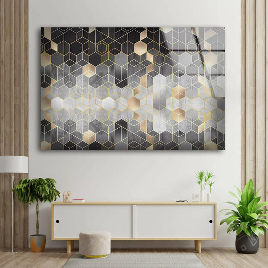 Brightest golden hexagons shimmer across this geometric glass wall art decor.