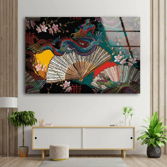 A dynamic arrangement of ornate fans and a sinuous dragon creates visual rhythm in this striking Chinese dragon glass art.