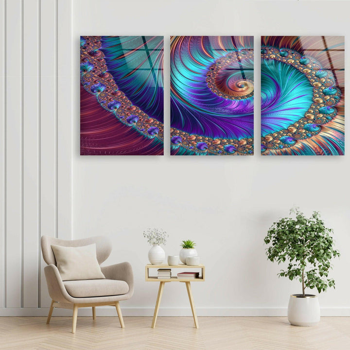Purple Spiral Peacock Abstract Glass Wall Art, custom glass pictures, glass art prints