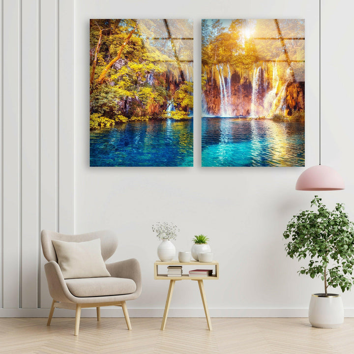 Waterfall & Lake Landscape Glass Wall Art, photo print on glass, prints on glass wall art