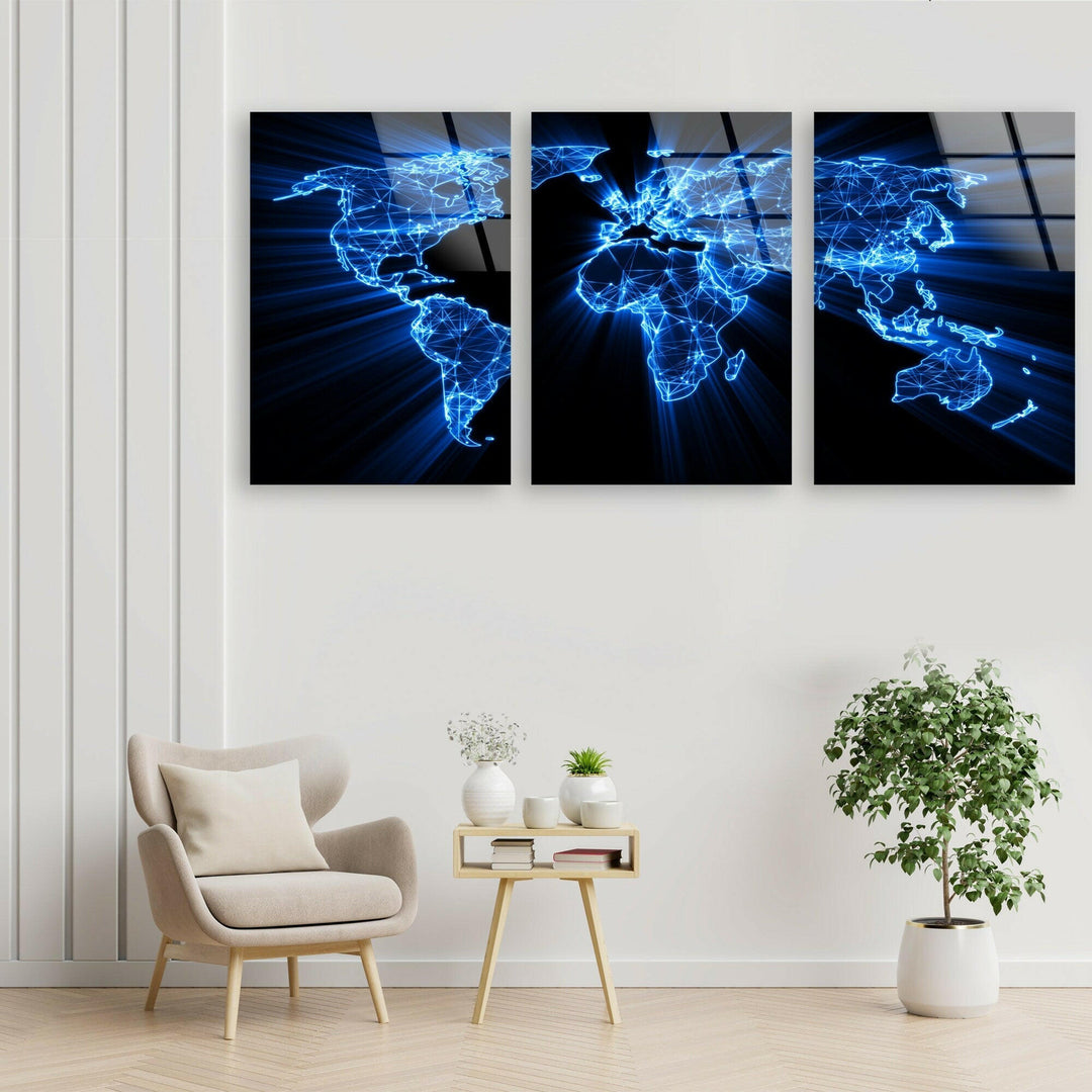 Glowing Blue World Map Glass Wall Art, custom glass photo prints, large glass prints