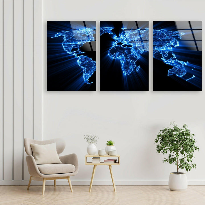 Glowing Blue World Map Glass Wall Art, custom glass photo prints, large glass prints