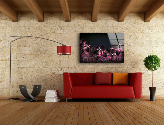 Foreground detail shows Pink Botanical Floral on Black glass wall prints with a modern design in a stylishly decorated room.