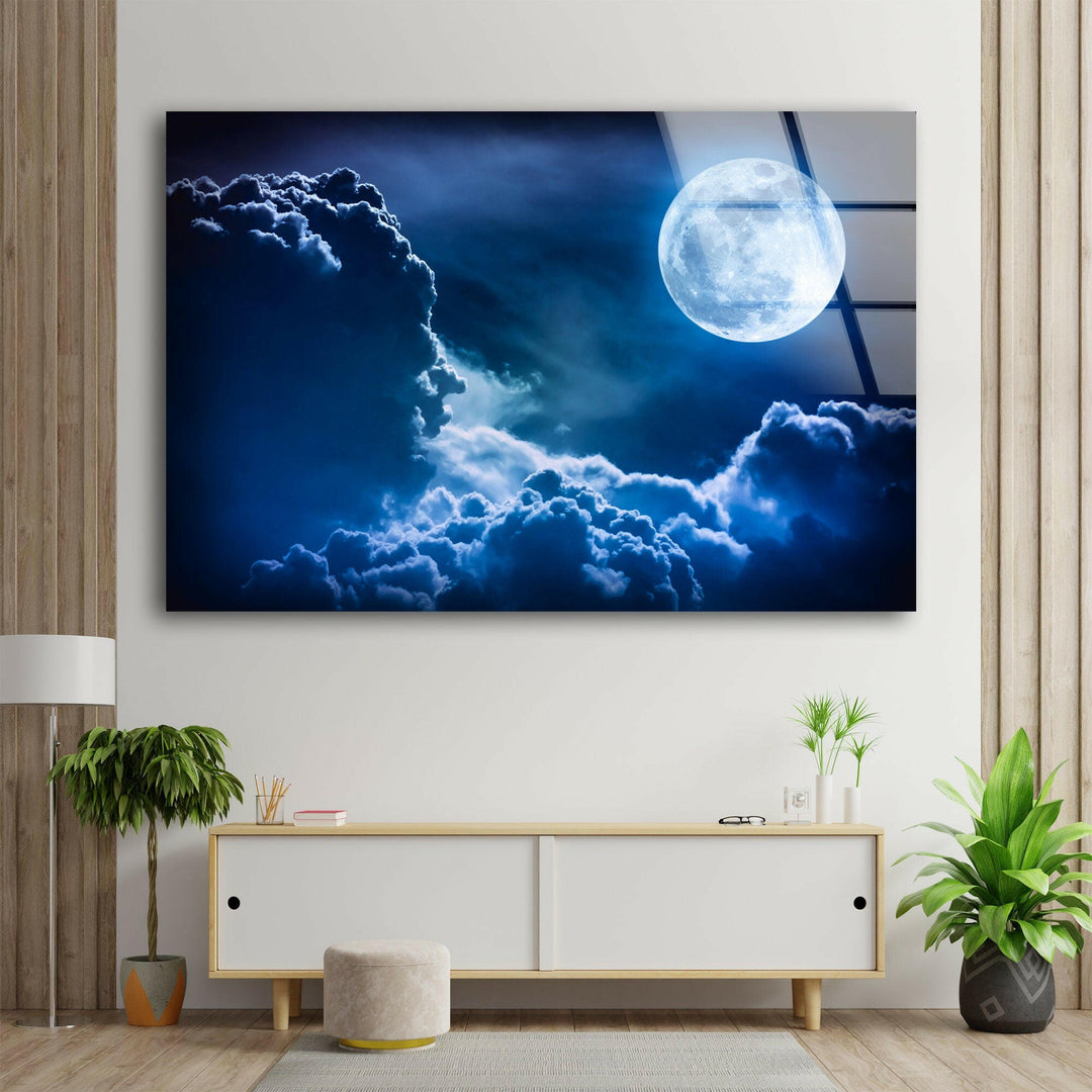 Mystical Moon and Night Sky Scene – A Dreamlike Glass Wall Art
