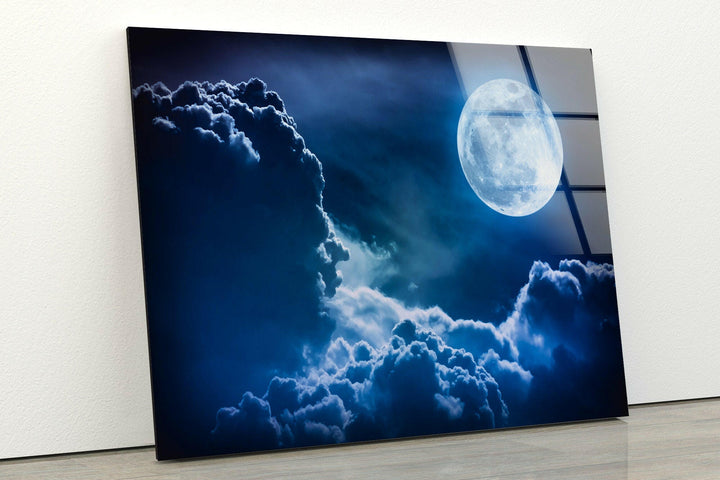 Serene Full Moon Illuminating the Clouds – A Captivating Glass Print
