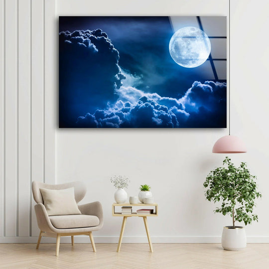 Full Moon Over Dramatic Clouds – A High-Definition Glass Wall Print
