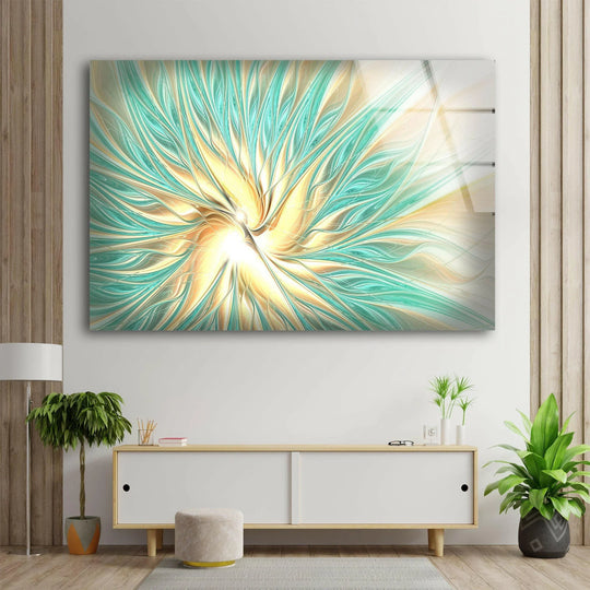 Glass wall art showcasing layered fractal patterns with aqua and golden depths