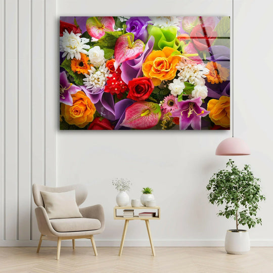 Glass wall art with colorful mixed flowers features a smooth, glossy edge on unique modern wall decor.