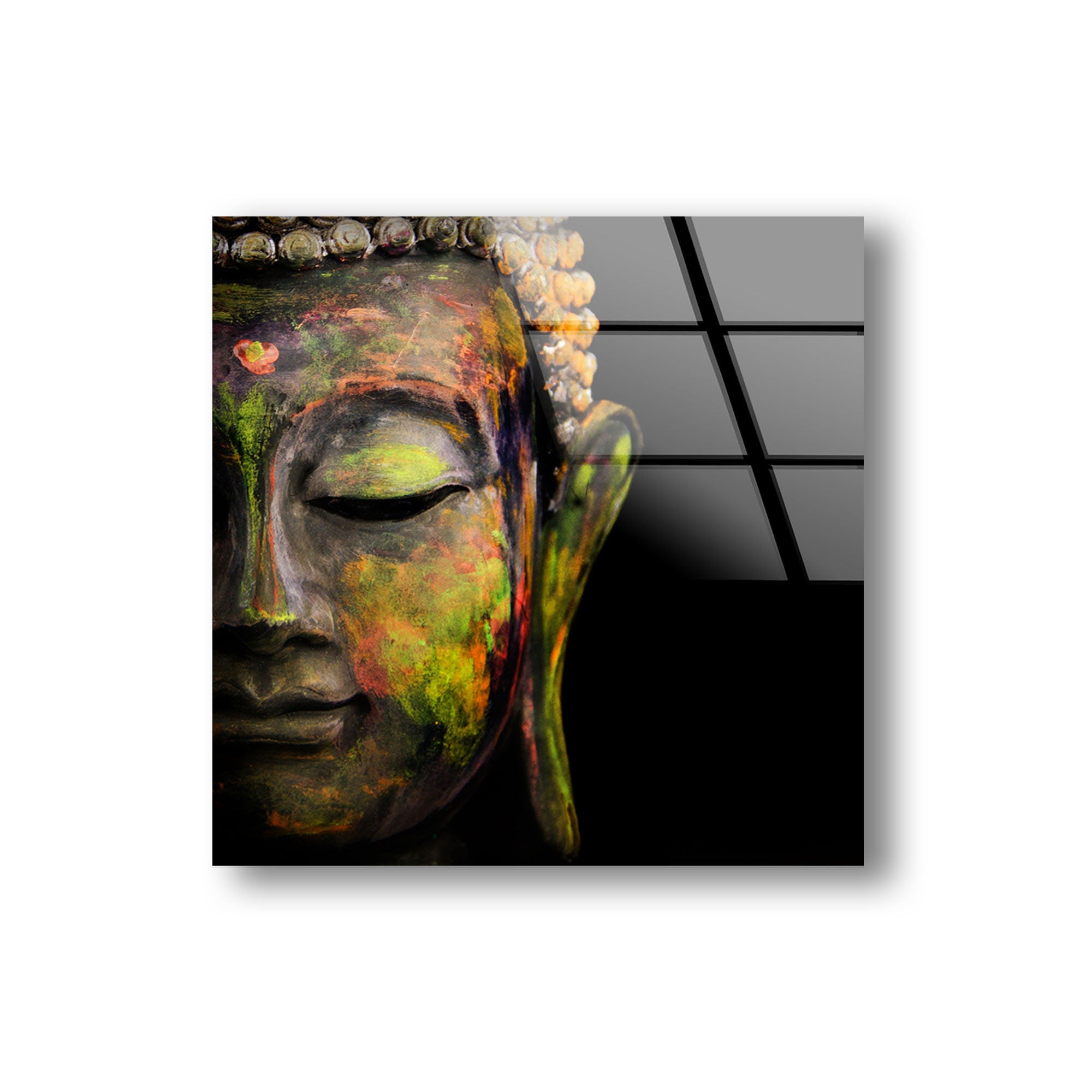 Vivid Buddha Face Tempered Glass Wall Art