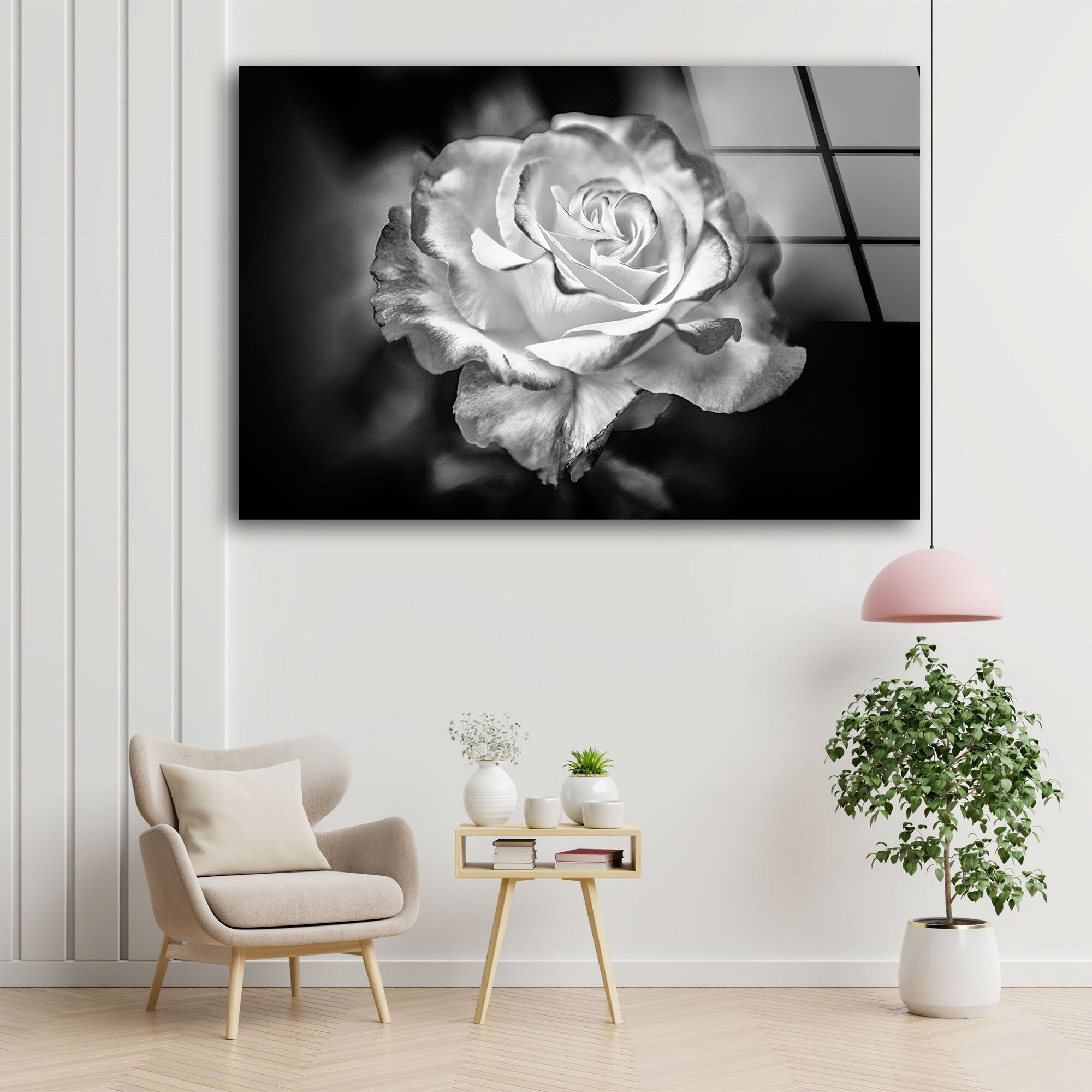 Black and White Rose Tempered Glass Wall Art