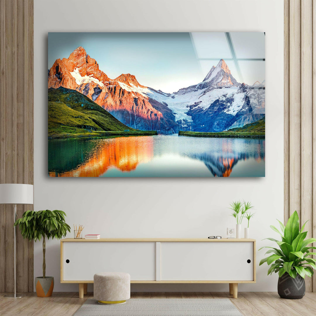 Serene Alpine Lake and Mountain Scene on Glass Wall Art
