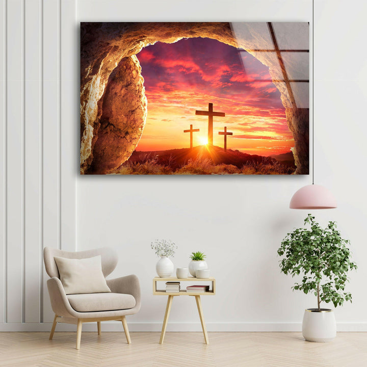 Christliches Kreuz mit Sonnenuntergangs-Glaswandkunst