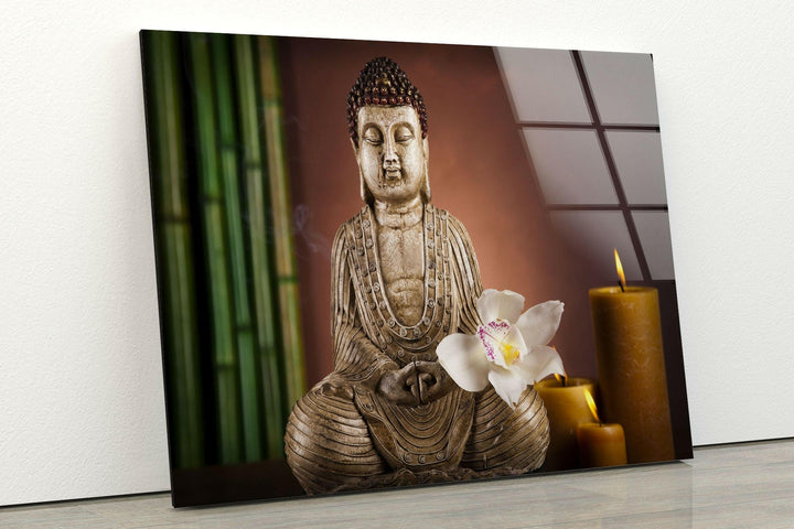 Buddha with Flower Print on Glass Art Pieces