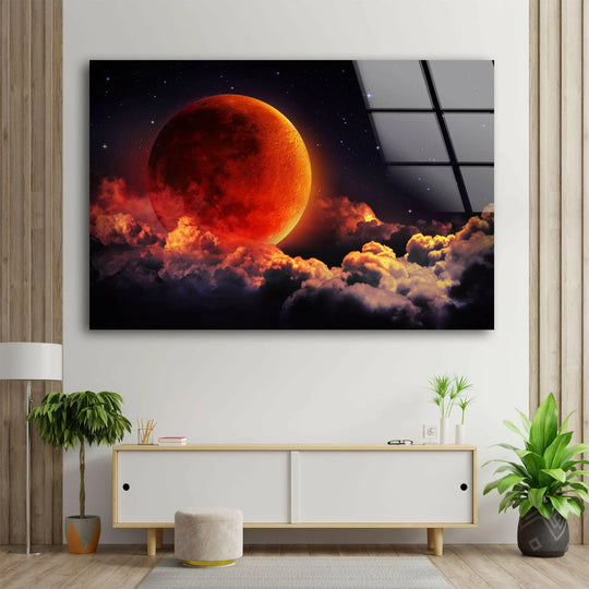 Space wall art blood moon motif bright orange red hues glass wall art is tempered glass art and photo print on glass