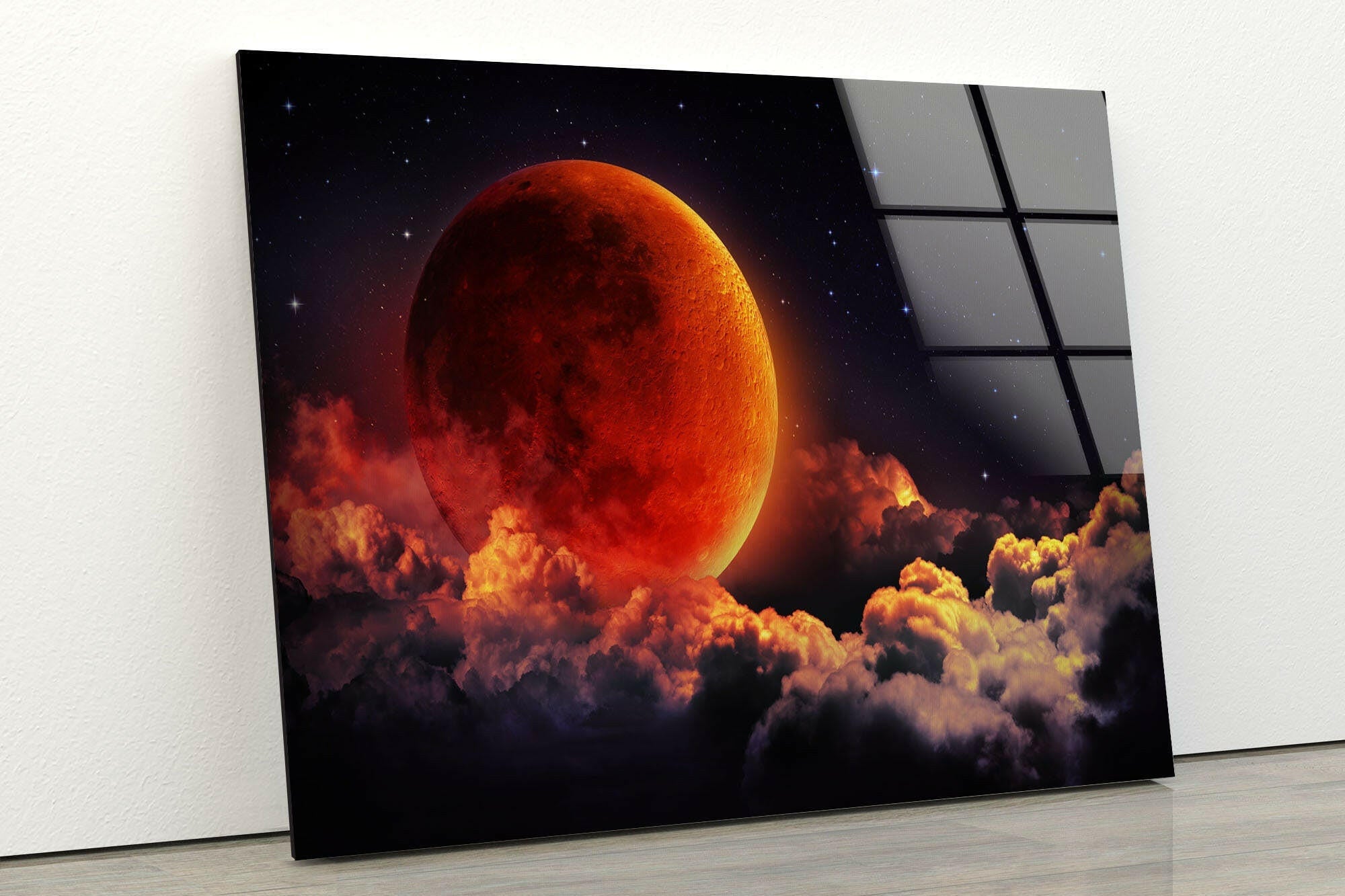 Red Full Moon Tempered Glass Wall Art