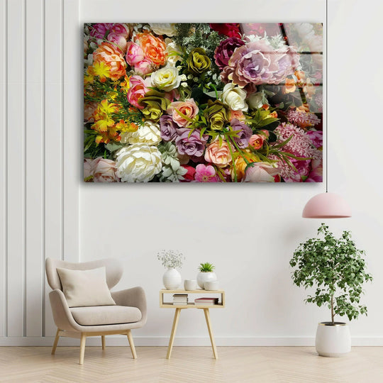 A vibrant, mixed flowers glass wall art decor with ample white space, creating a focal point.