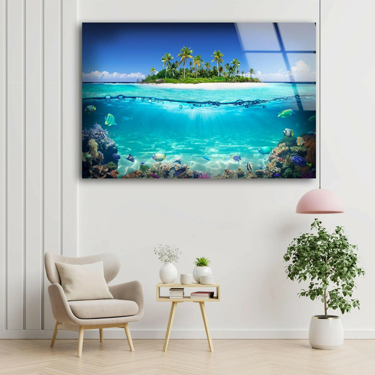 Showcasing premium material quality, the Tropical Island & Fishes glass wall art offers vibrant clarity, bringing a luxurious home decor accent to any living space.
