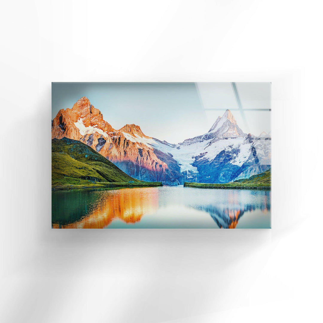 Majestic Mountain Peaks Reflected in a Crystal-Clear Lake – Glass Wall Art
