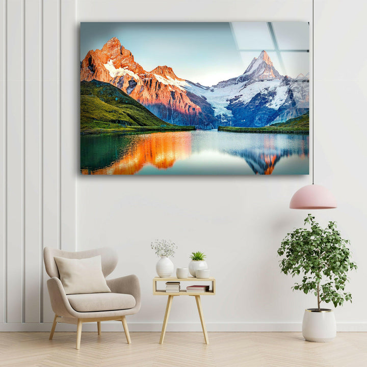 Breathtaking Mountain View with Water Reflection – Glass Wall Print
