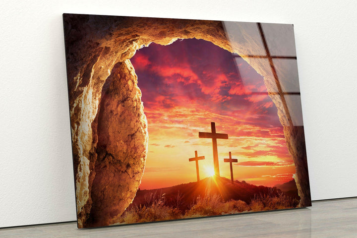 Christliches Kreuz mit Sonnenuntergangs-Glaswandkunst