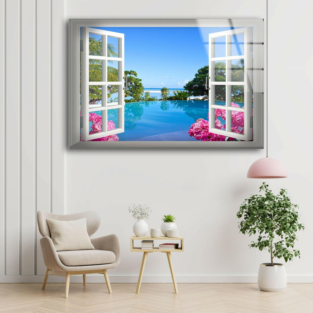 Relaxing poolside view with palm trees and ocean, creating an illusion of depth.
